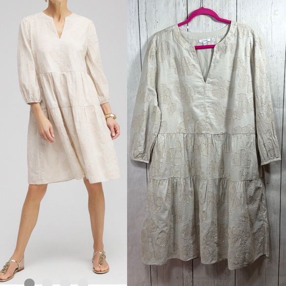 Chicos Jacquard Tiered V Neck Pockets Stretch Soft Lightweight Knee Length Dress - Picture 1 of 16